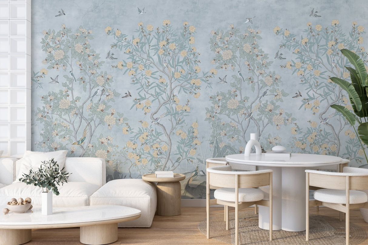 Blue Chinoiserie Wall Mural - Hand Painted Birds and Blossoms Wallpaper