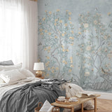 Blue Chinoiserie Wall Mural - Hand Painted Birds and Blossoms Wallpaper