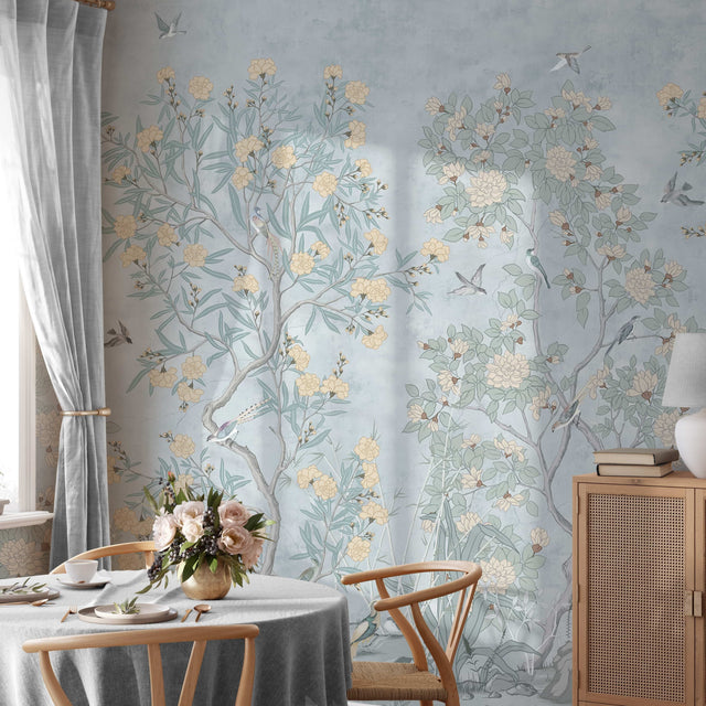 Blue Chinoiserie Wall Mural - Hand Painted Birds and Blossoms Wallpaper