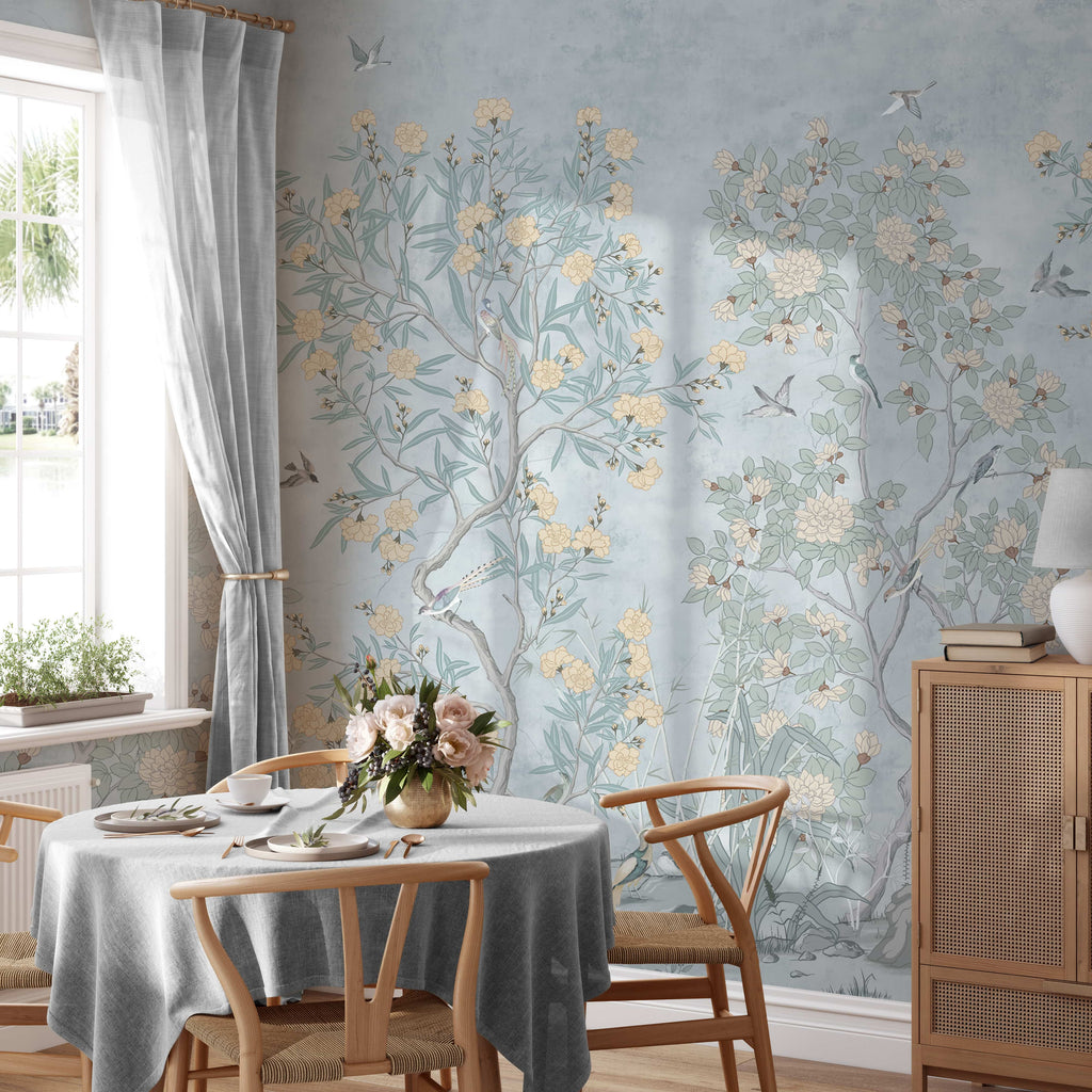Blue Chinoiserie Wall Mural - Hand Painted Birds and Blossoms Wallpaper