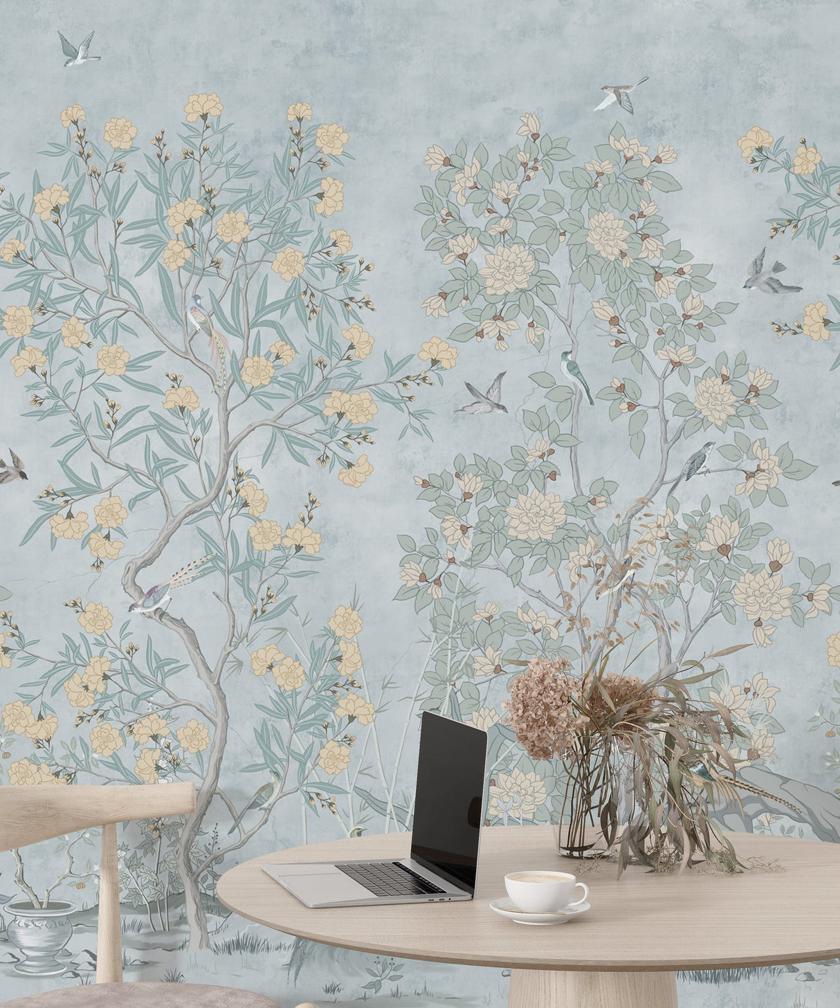 Blue Chinoiserie Wall Mural - Hand Painted Birds and Blossoms Wallpaper