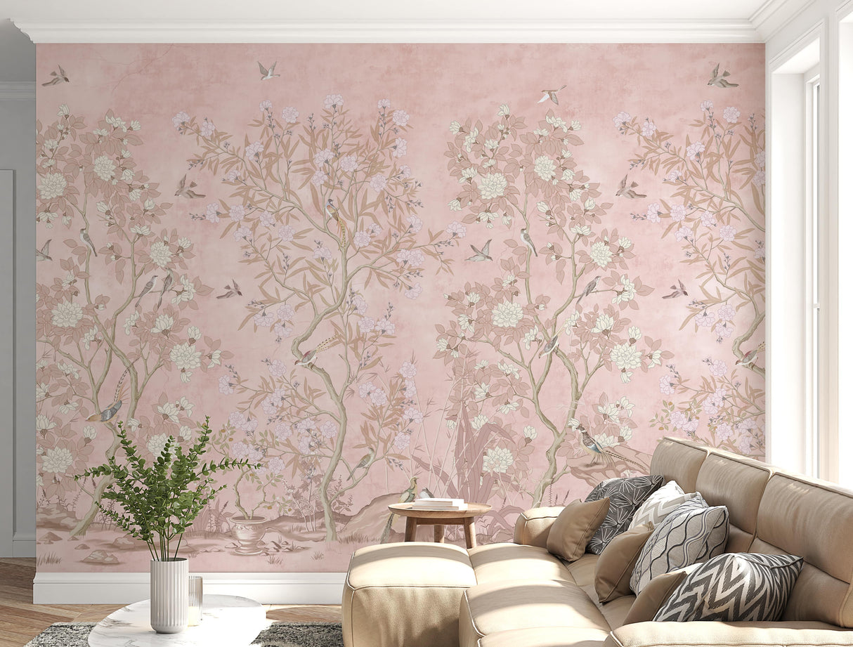 Blush Pink Chinoiserie Wallpaper Mural Peel and Stick