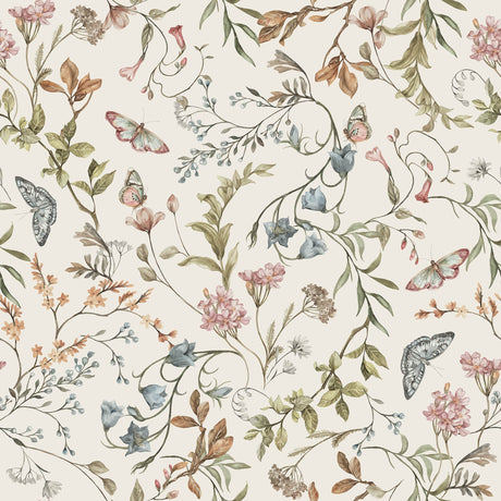 Cottage Meadow Whisper – Cream Floral Wallpaper with Butterflies