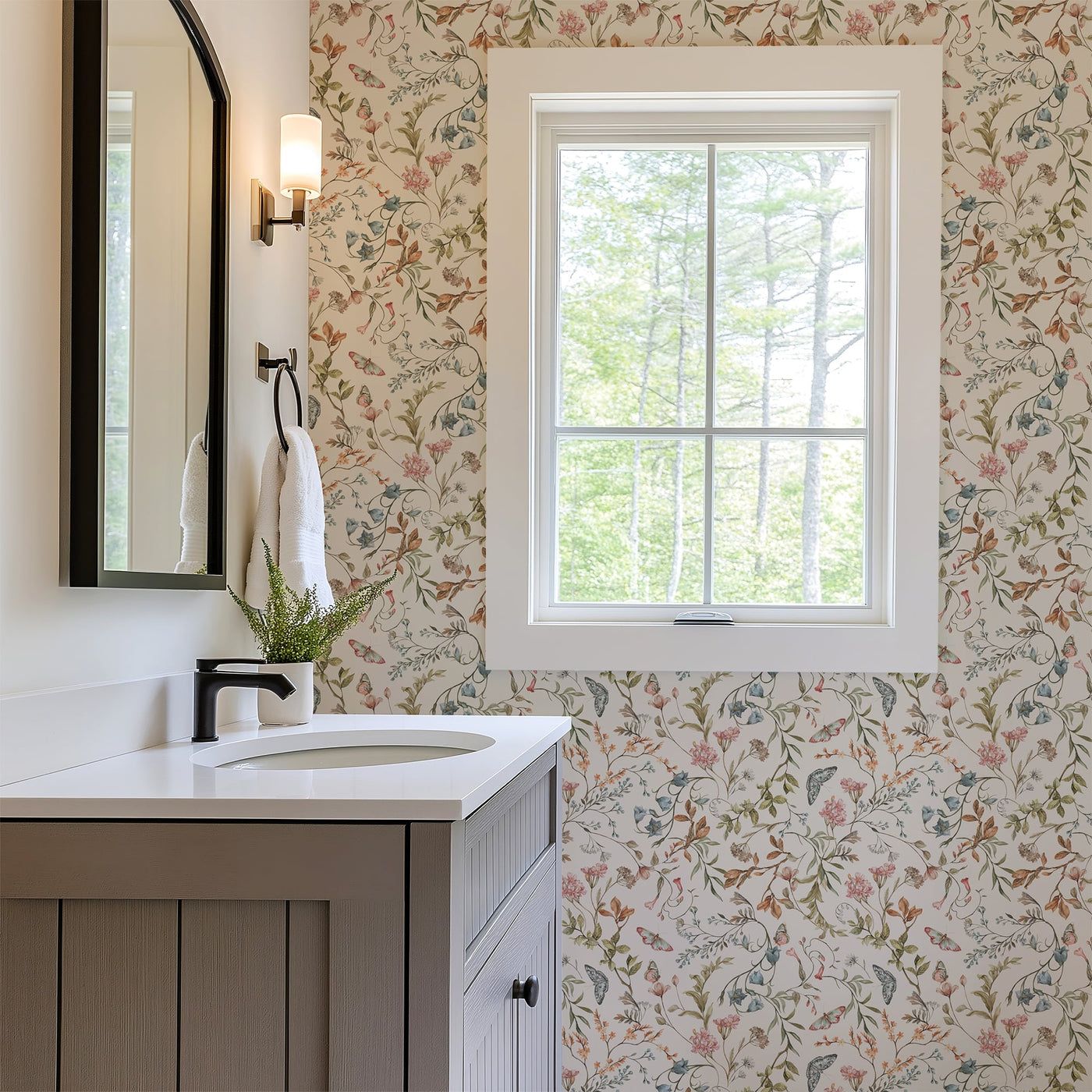 Cottage Meadow Whisper – Cream Floral Wallpaper with Butterflies