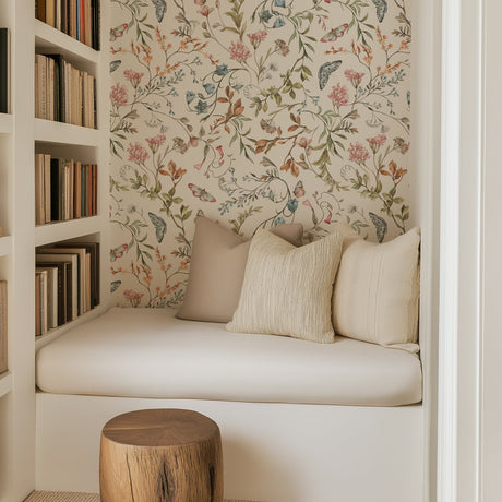 Cottage Meadow Whisper – Cream Floral Wallpaper with Butterflies