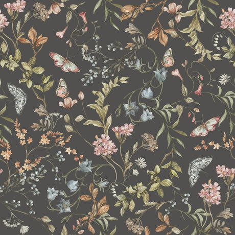 Cottage Meadow Noir – Moody Floral Wallpaper with Butterflies