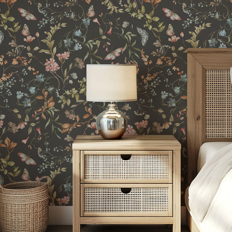 Cottage Meadow Noir – Moody Floral Wallpaper with Butterflies