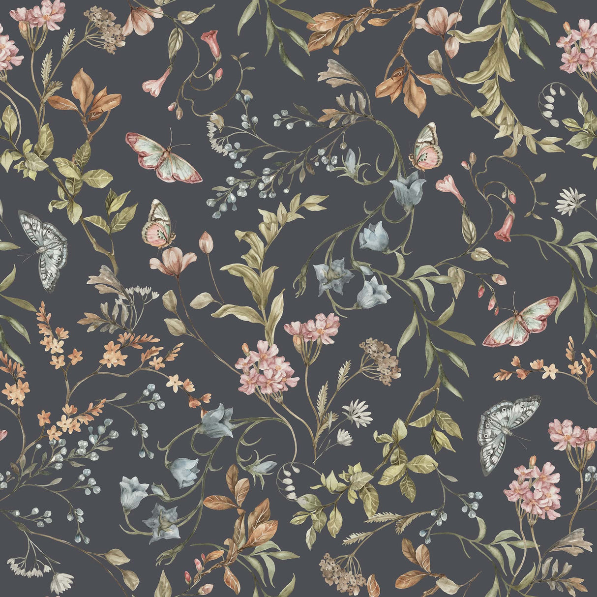 Cottage Meadow Twilight – Navy Floral Wallpaper with Butterflies