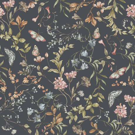 Cottage Meadow Twilight – Navy Floral Wallpaper with Butterflies