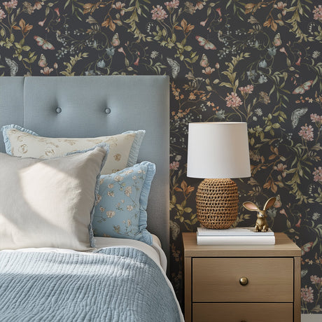 Cottage Meadow Twilight – Navy Floral Wallpaper with Butterflies