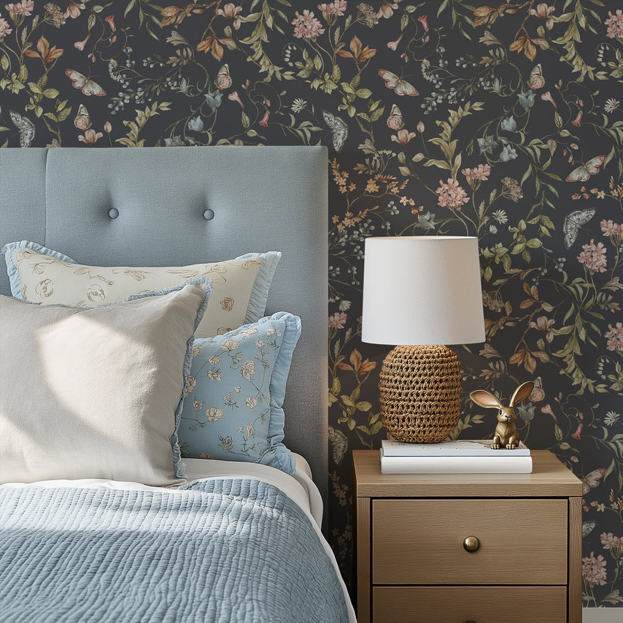 Cottage Meadow Twilight – Navy Floral Wallpaper with Butterflies