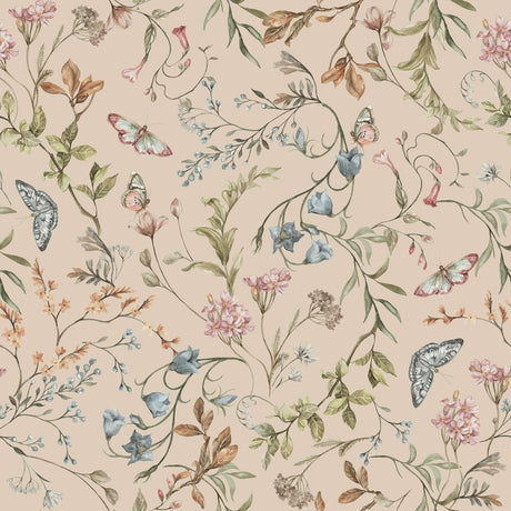 Floral and butterfly wallpaper on a peach background