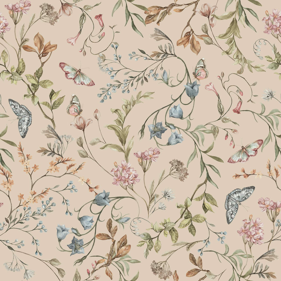 Floral and butterfly wallpaper on a peach background