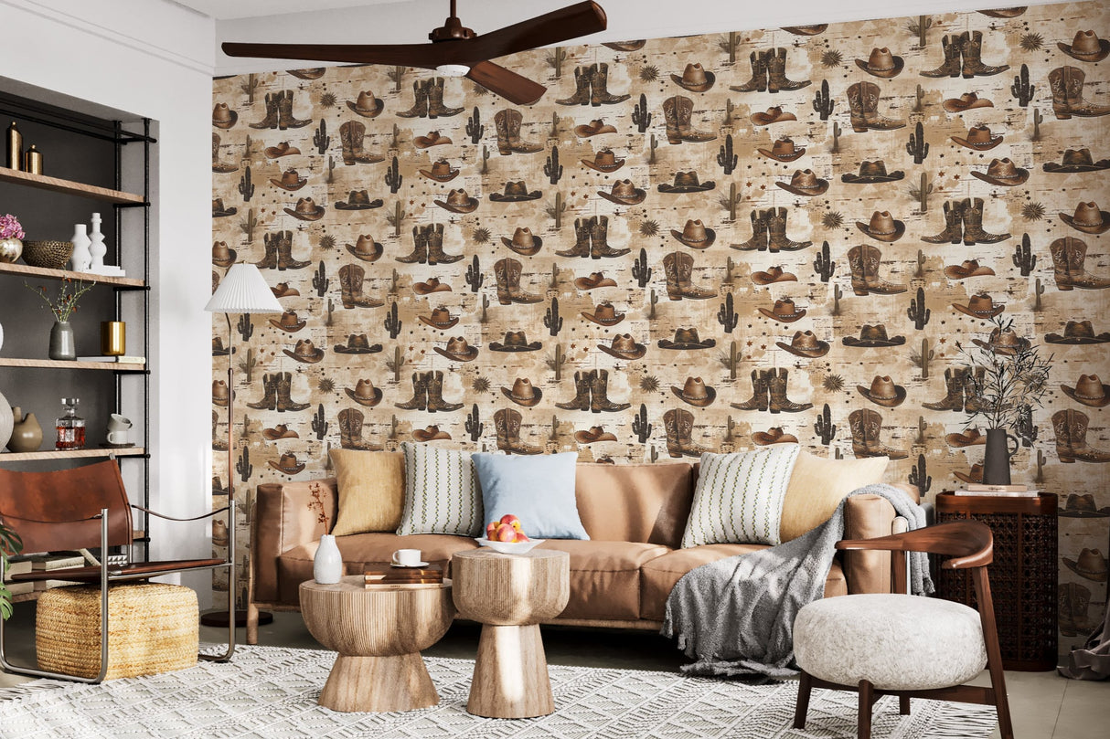 Rustic Cowboy Wallpaper – Removable Western Wallpaper with Hats, Boots & Cacti