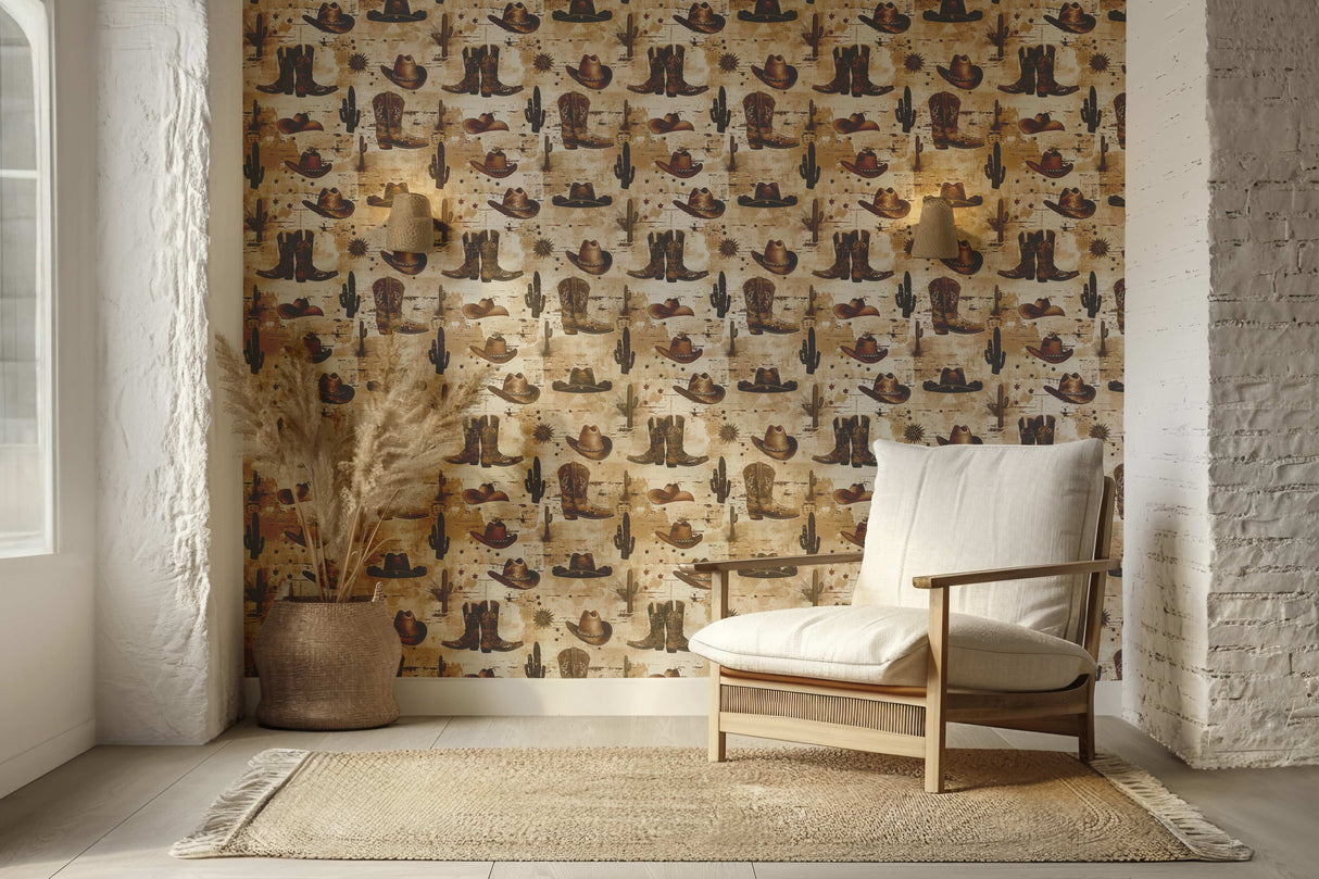 Rustic Cowboy Wallpaper – Removable Western Wallpaper with Hats, Boots & Cacti