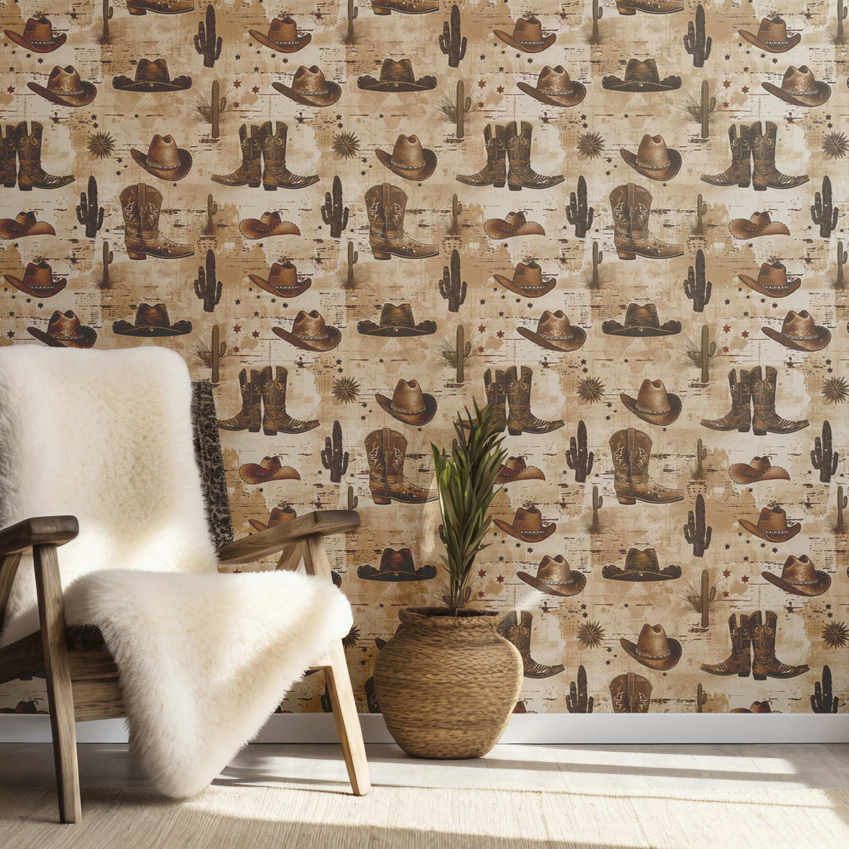 Rustic Cowboy Wallpaper – Removable Western Wallpaper with Hats, Boots & Cacti
