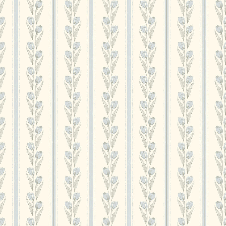 Cream and Blue Vintage Tulip Stripe Wallpaper