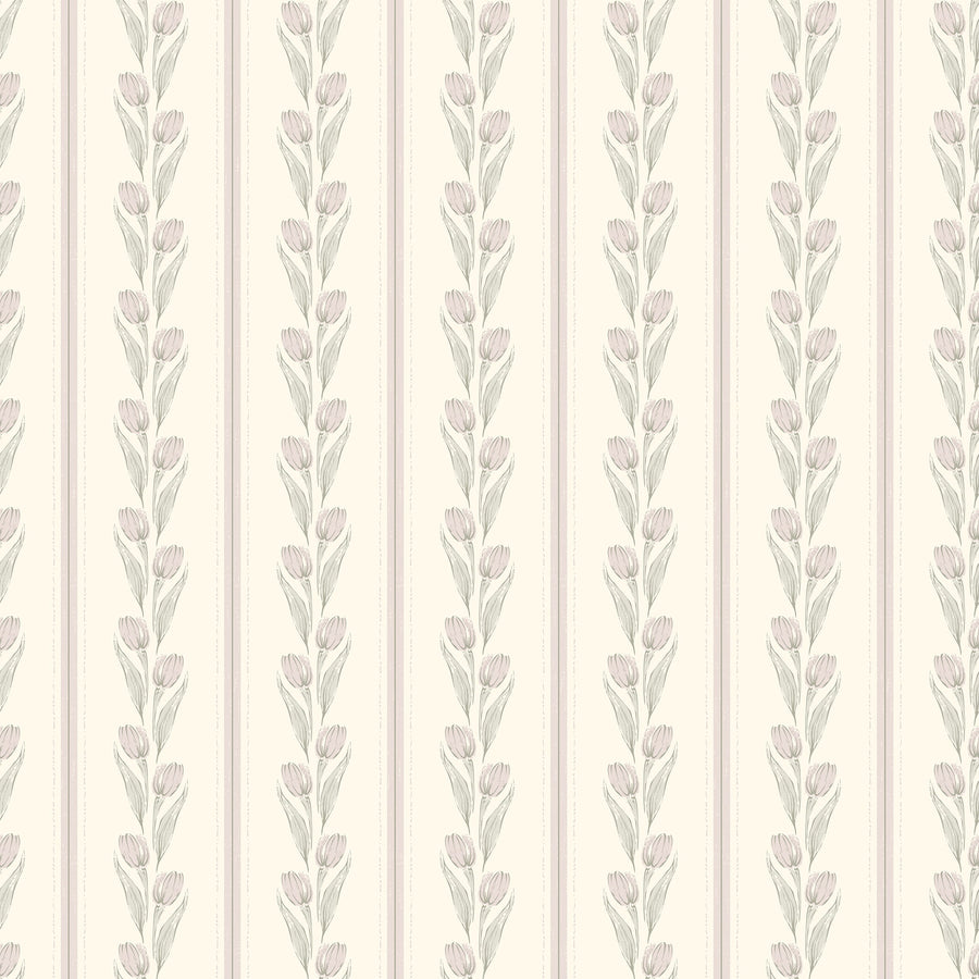 Cream and Pink Vintage Tulip and Stripe Wallpaper