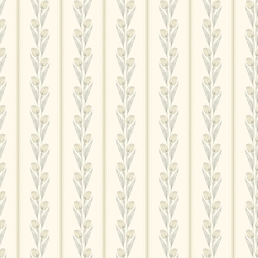 Cream and Yellow Vintage Tulip and Stripe Wallpaper