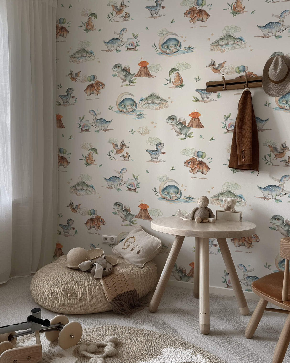 Children's room with dinosaur-themed wallpaper, wooden furniture, and toys.