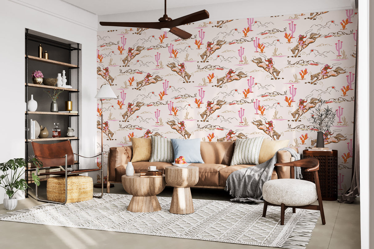 Whimsical Cowgirl Rodeo Wallpaper – Peel and Stick Western Wallpaper