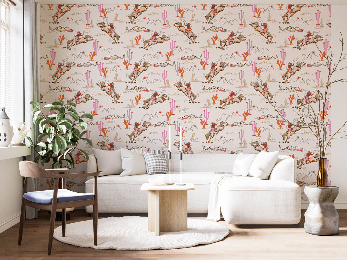 Cute Rodeo Backgrounds Whimsical Cowgirl Rodeo Wallpaper | Peel and Stick Desert Decor with Cacti