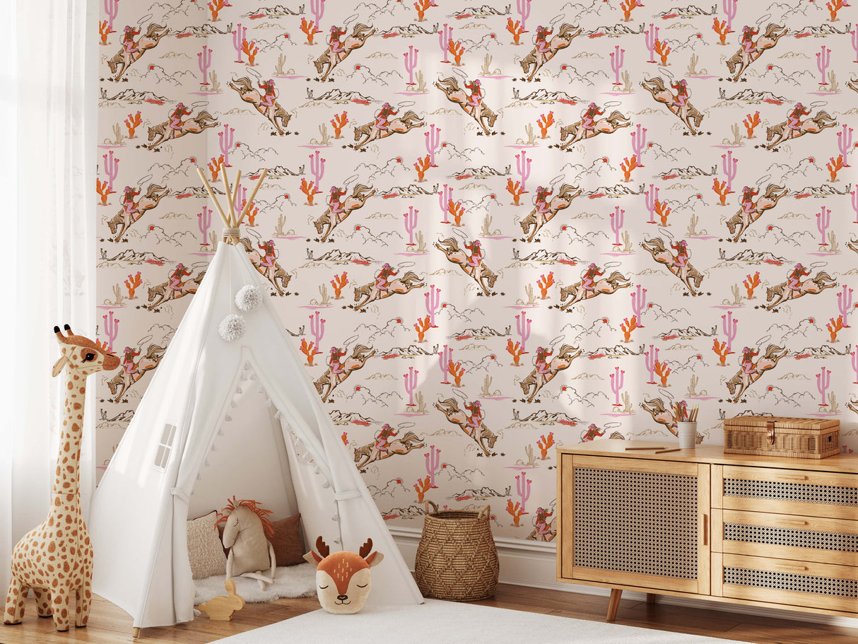 Whimsical Cowgirl Rodeo Wallpaper – Peel and Stick Western Wallpaper