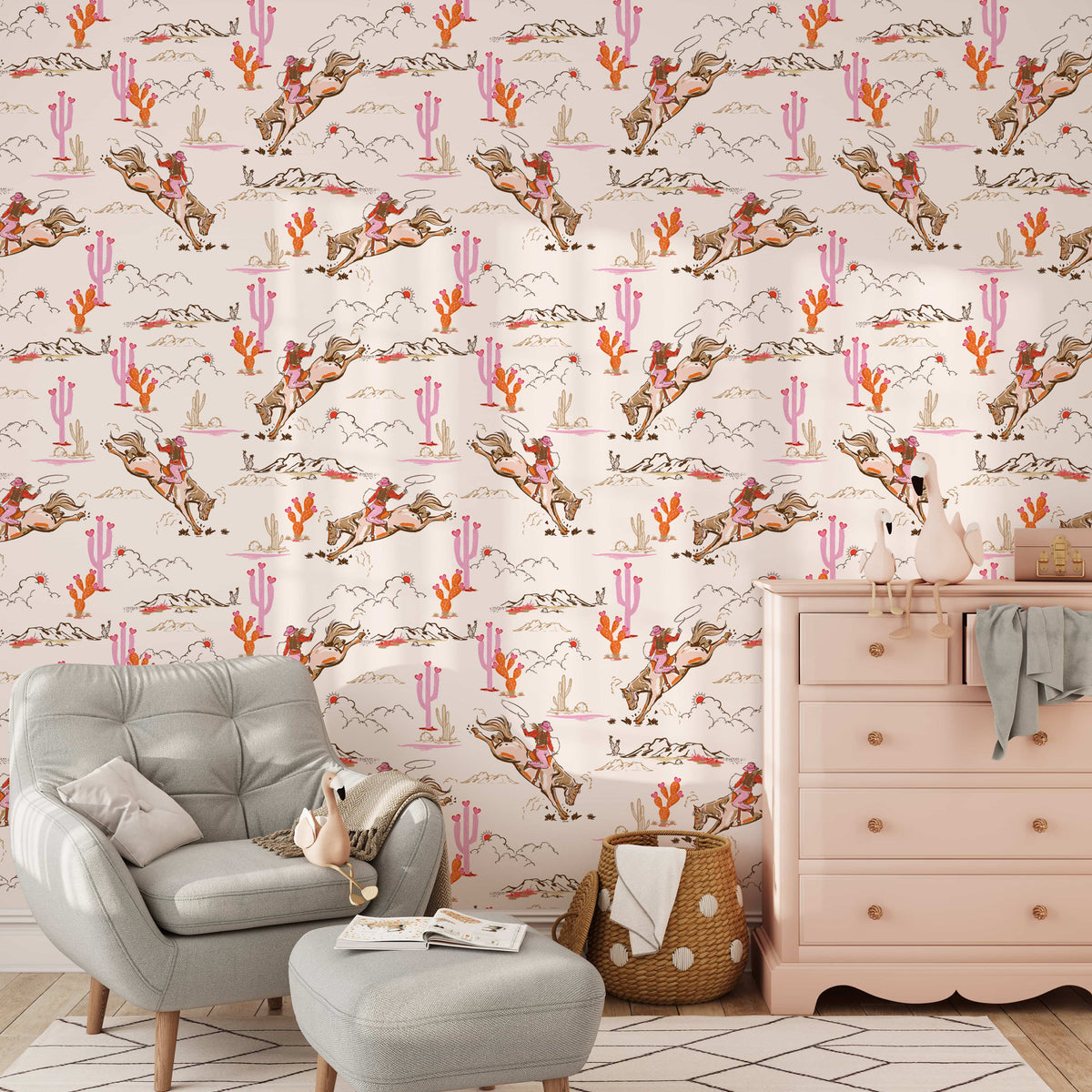 Cute Rodeo Backgrounds Whimsical Cowgirl Rodeo Wallpaper | Peel and Stick Desert Decor with Cacti