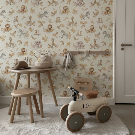 Khaki Safari Animal Wallpaper – Neutral Jungle Mural for Nurseries & Kids Rooms