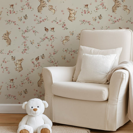 Floral Bunny Wallpaper – Vintage Woodland Nursery Wall Mural