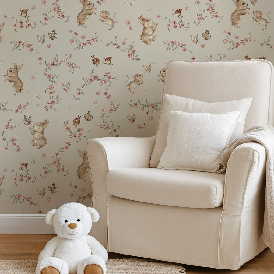 Floral Bunny Wallpaper – Vintage Woodland Nursery Wall Mural