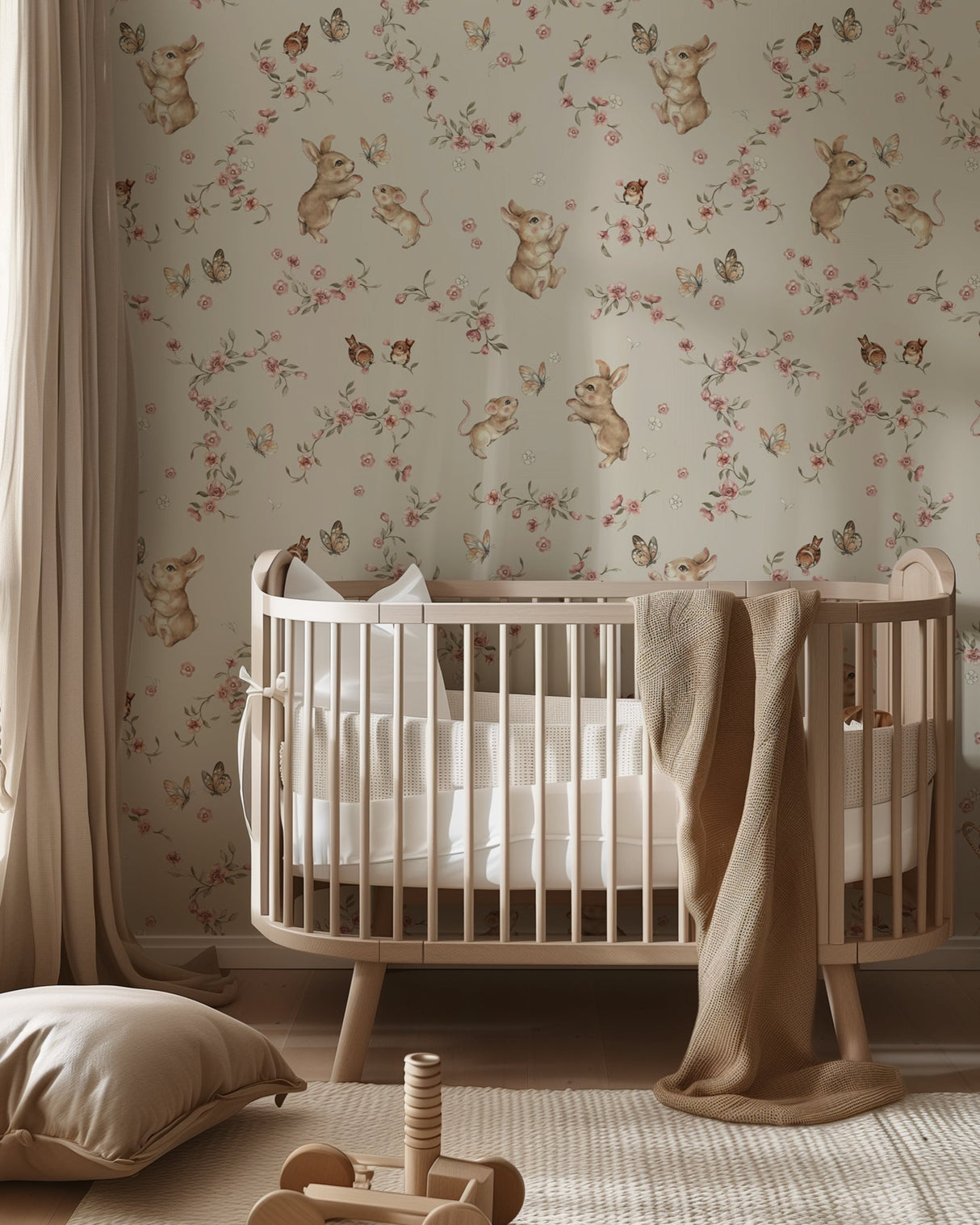 Floral Bunny Wallpaper – Vintage Woodland Nursery Wall Mural