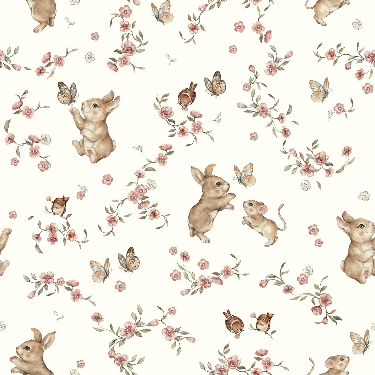 Woodland Bunny Wallpaper – Cream Floral Nursery Wall Mural