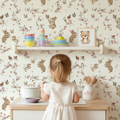 Woodland Bunny Wallpaper – Cream Floral Nursery Wall Mural