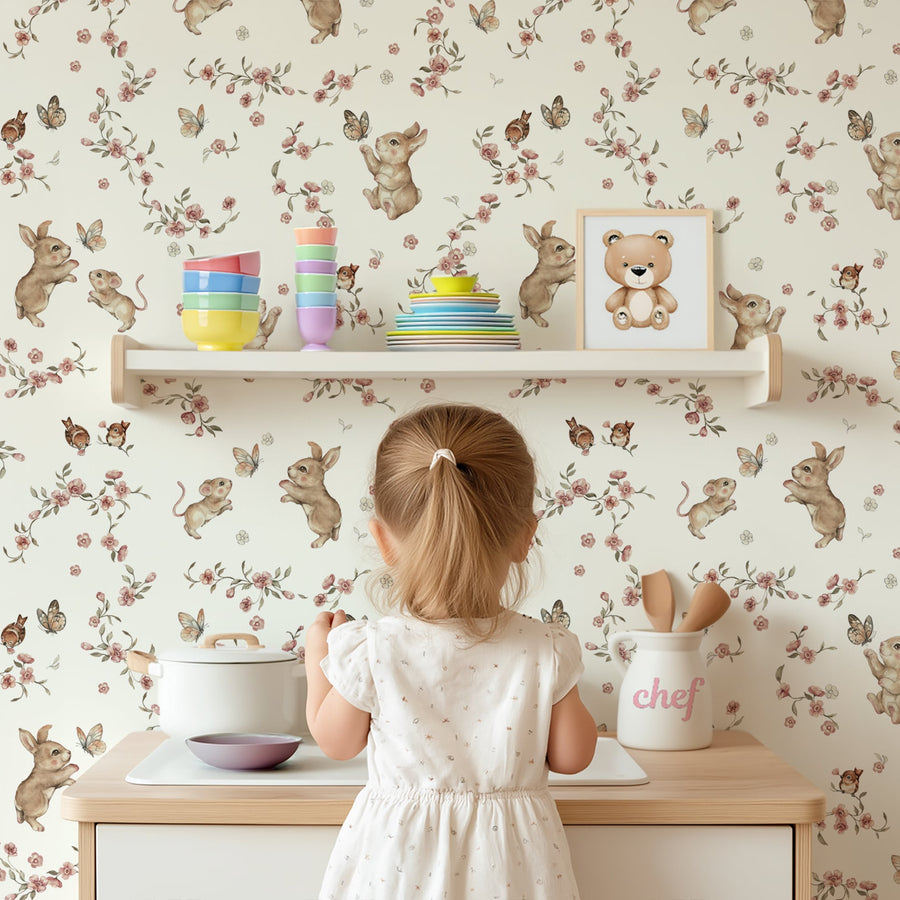Woodland Bunny Wallpaper – Cream Floral Nursery Wall Mural