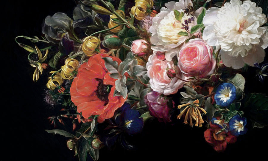 Dark Floral Poppy & Rose Bouquet Wallpaper Mural