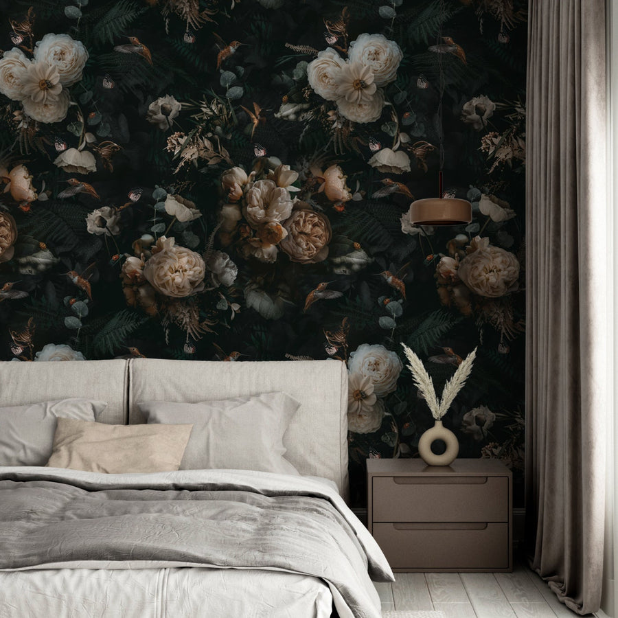 Dark Background Cream Floral Wallpaper Removable Wallpaper