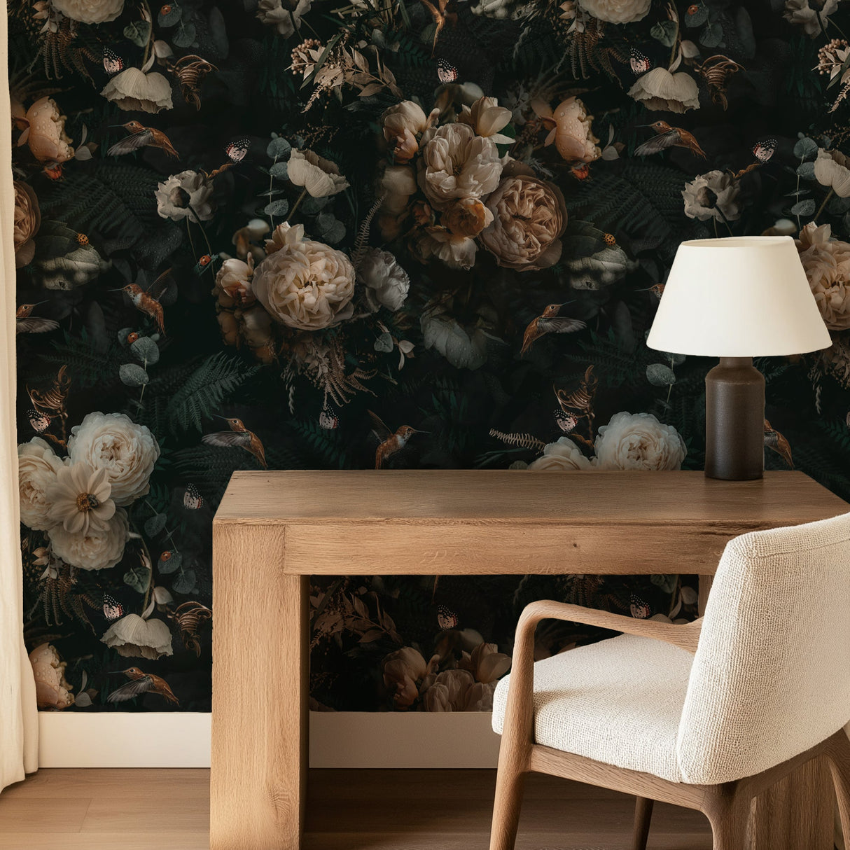 Dark Background Cream Floral Wallpaper Removable Wallpaper