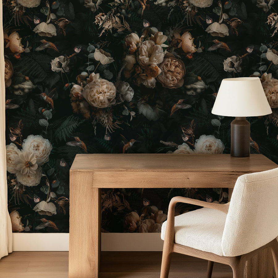 Dark Background Cream Floral Wallpaper Removable Wallpaper