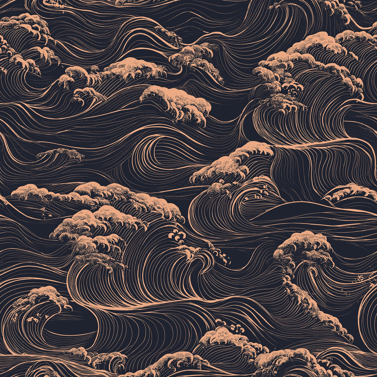 Dark gold ocean wave wallpaper with elegant flowing lines on black background for luxury interiors