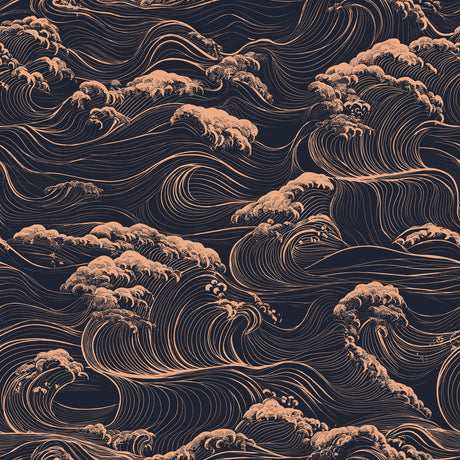 Dark gold ocean wave wallpaper with elegant flowing lines on black background for luxury interiors