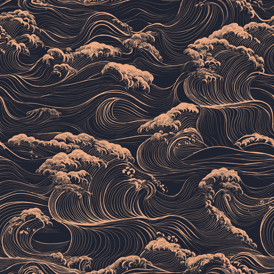 Dark gold ocean wave wallpaper with elegant flowing lines on black background for luxury interiors