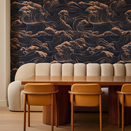 Dark gold ocean wave wallpaper with elegant flowing lines on black background for luxury interiors