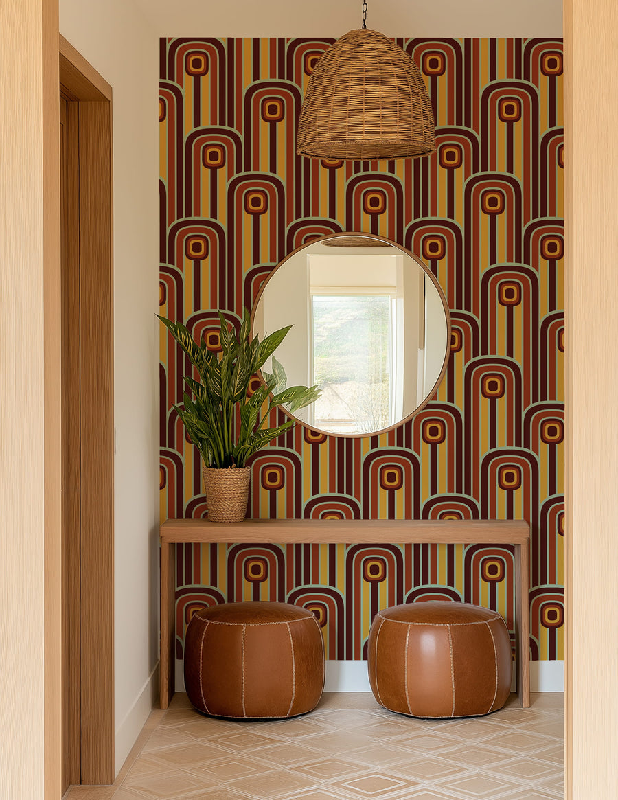 Decorative hallway with 70s Layered Mod Arches Wallpaper - Retro Geometric Design round mirror, and leather ottomans.