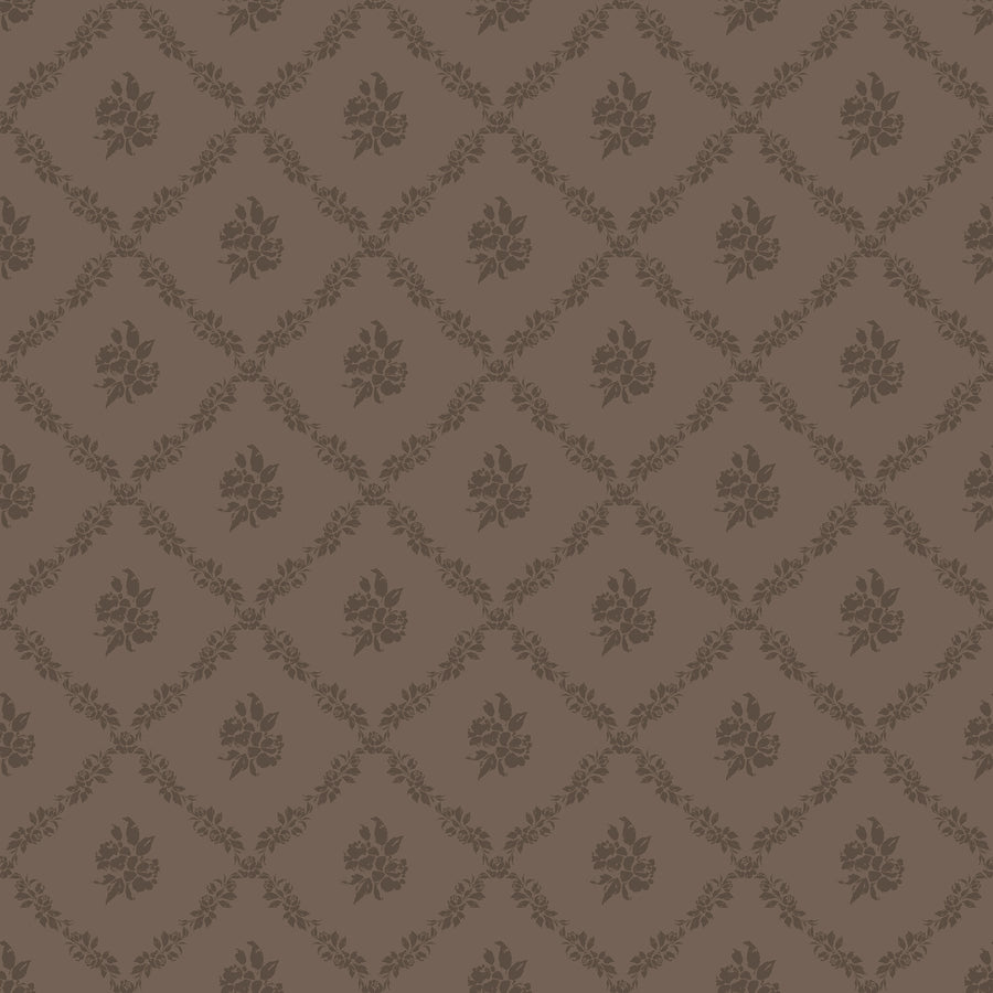 Della wallpaper in brown featuring a tonal diamond floral lattice pattern with dark chocolate accents