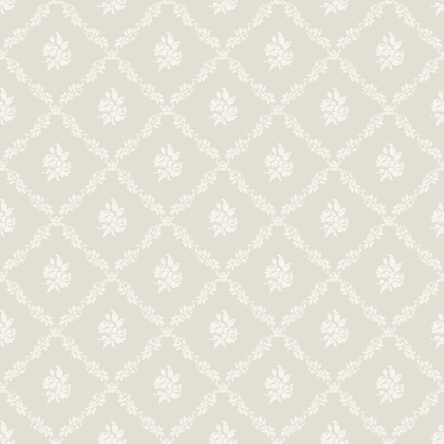 Della wallpaper in cream featuring a subtle white diamond floral lattice pattern on a light beige background.