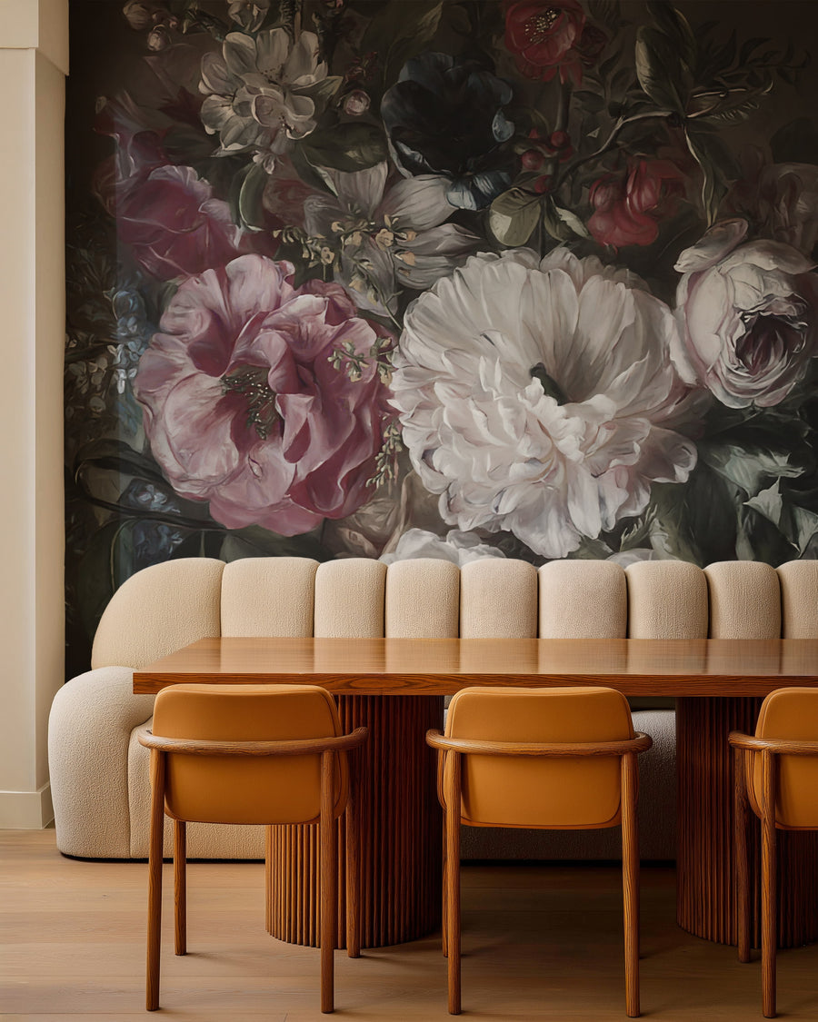 Dining area with Dutch Baroque Lilac Flower Wallpaper Mural