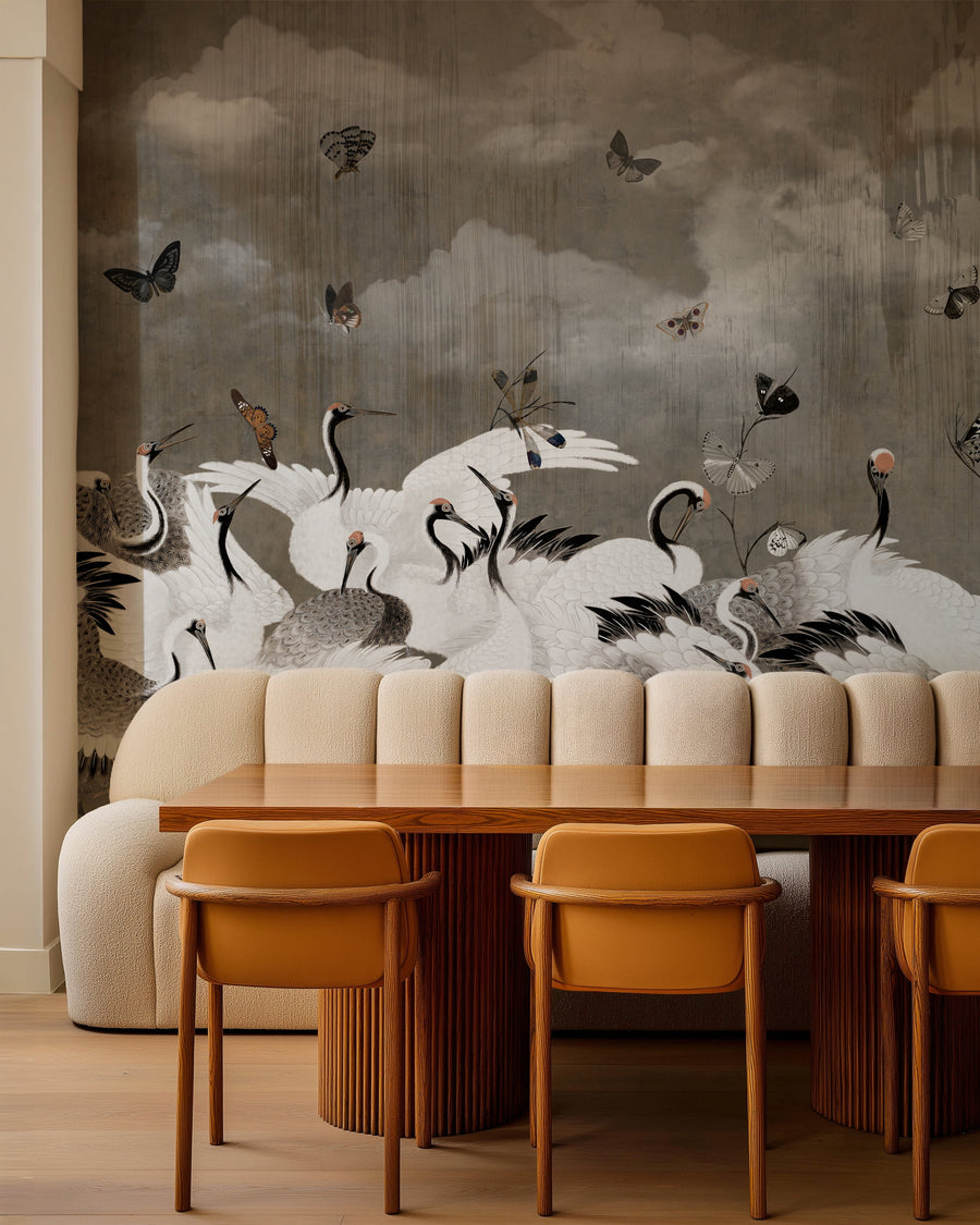 Dining room with Sepia Japanese Chinoiserie Cranes Wall Mural