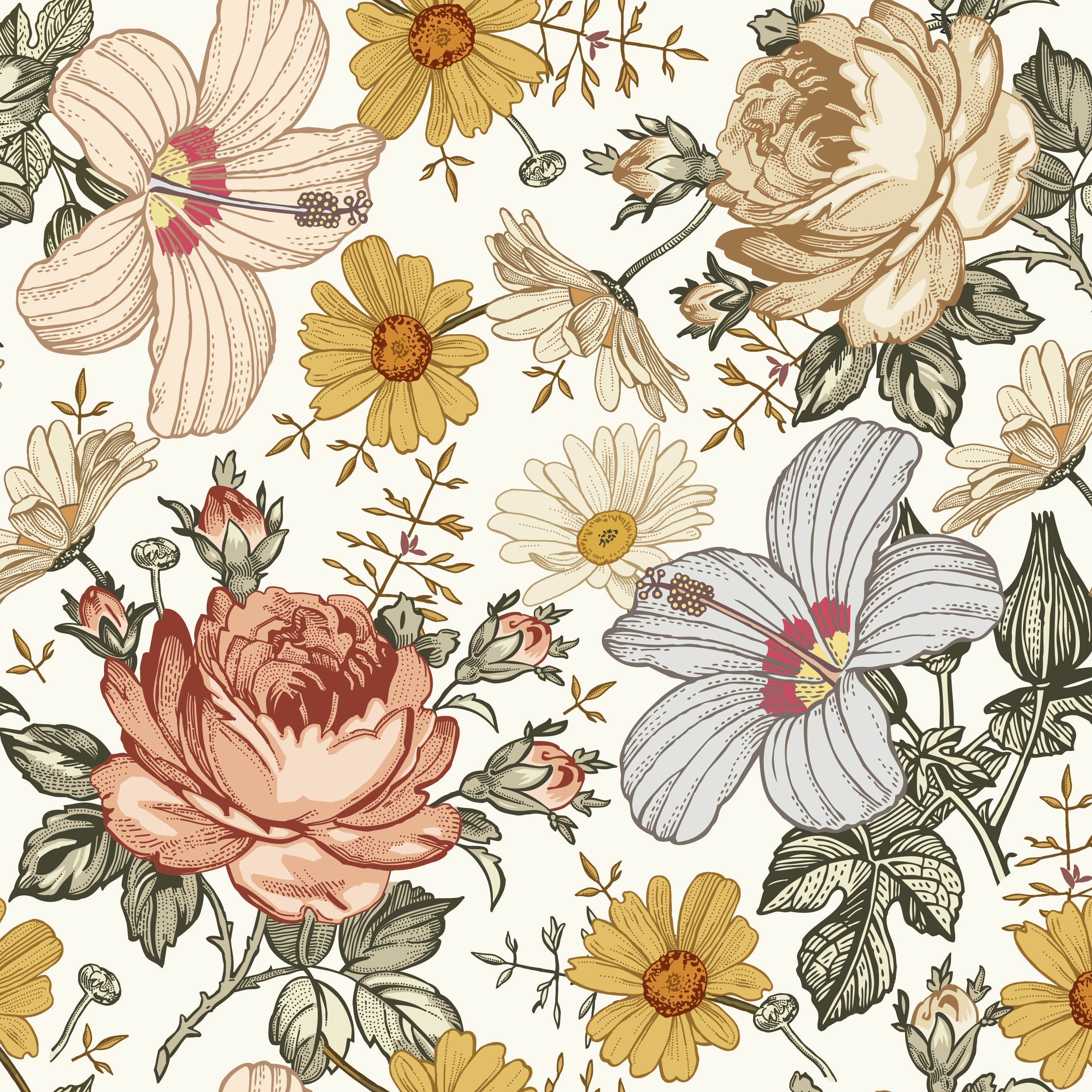 Chamomile Rose Hibiscus Flower Vintage Wallpaper – EazzyWalls