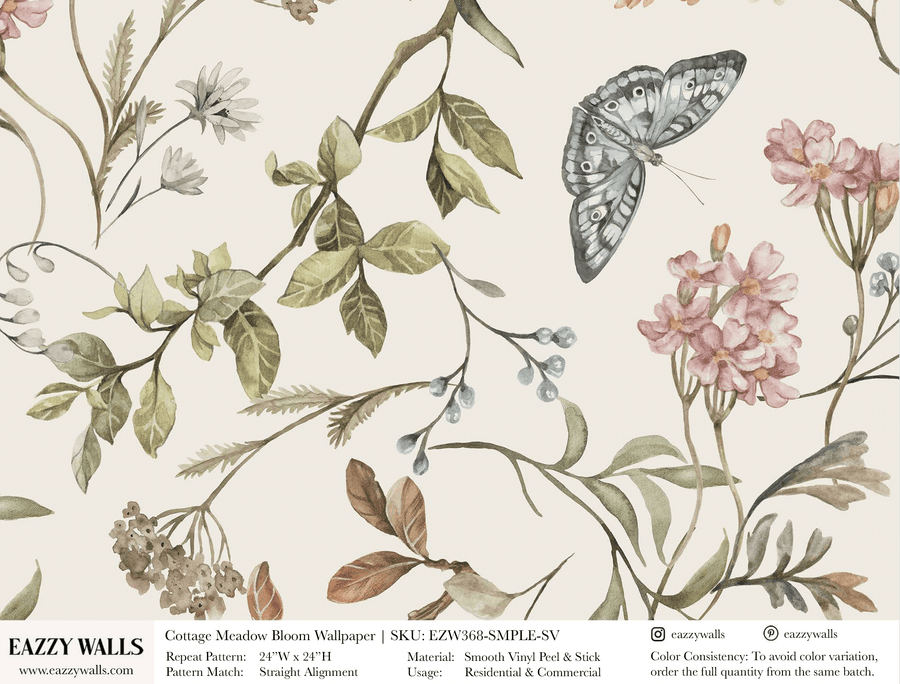 Floral wallpaper sample design with butterflies on a light background